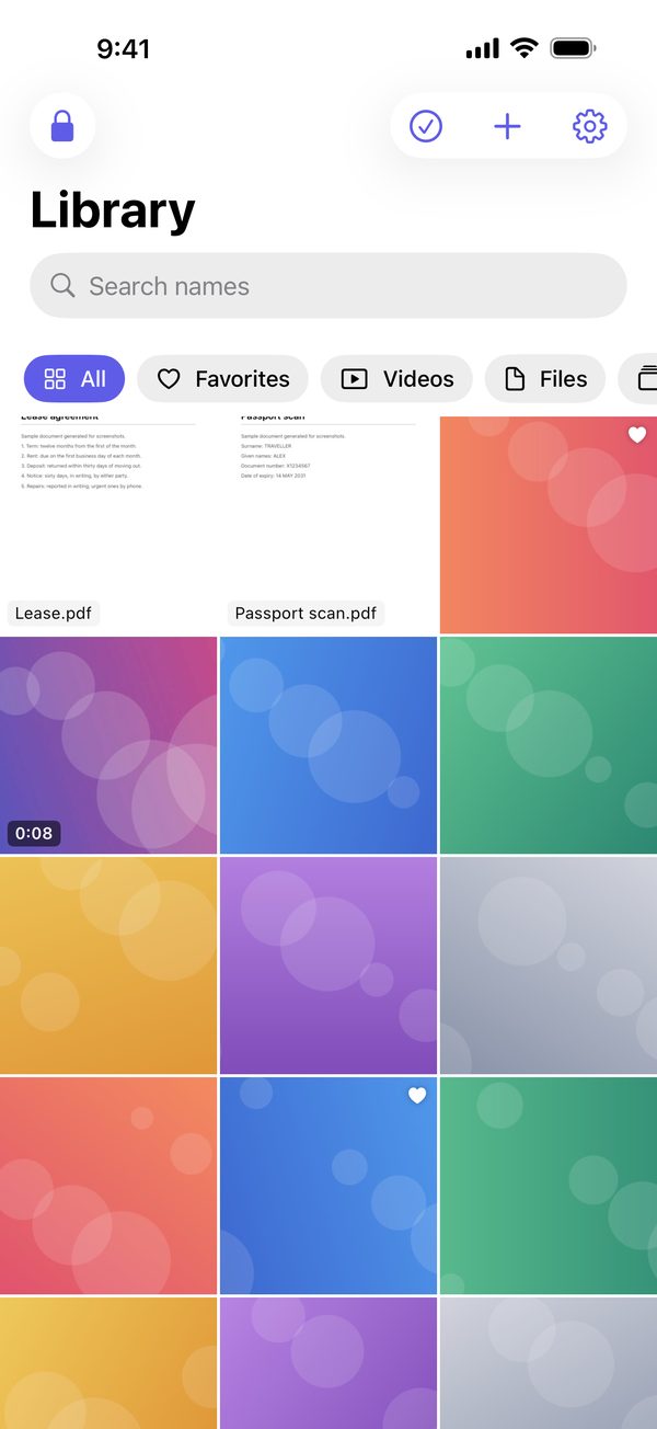 The Keep Closed library: a grid of photos, a video and a PDF inside an unlocked vault