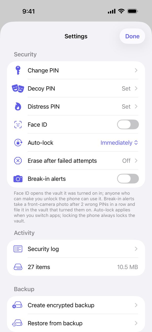 Settings: auto-lock, Face ID off, decoy and distress PINs, break-in alerts